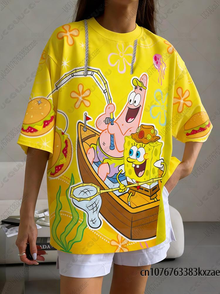 2026 Summer New Spongebob Print Tshirt For Wounisex Kawaii Short Sleeve Casual Street Oneck Tees Oversized Loose Vintage Y2k Tops