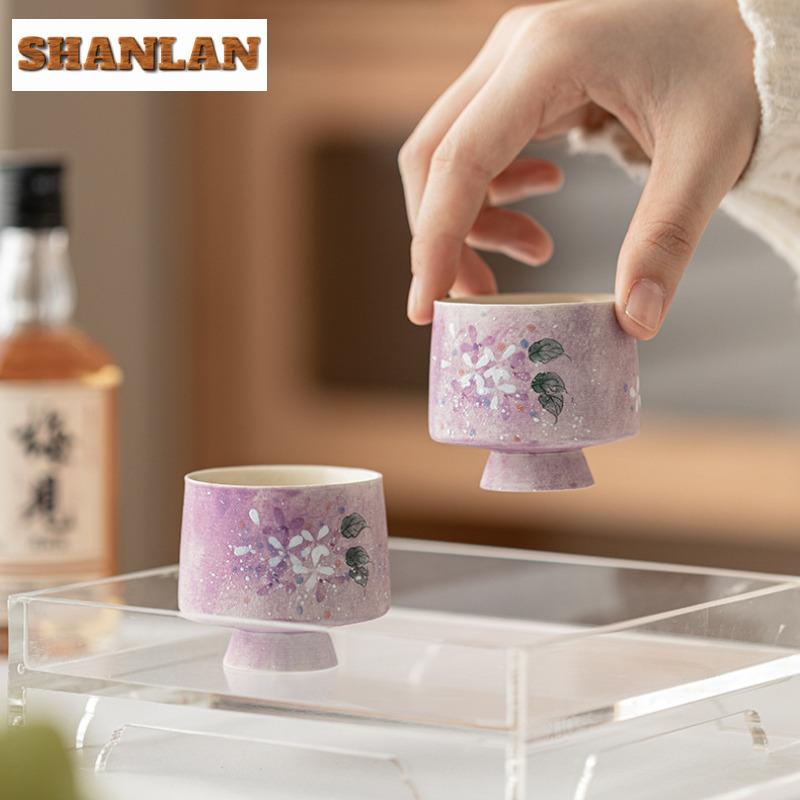 2pc/lot Hand-painted Hydrangea Purple Scales High Foot Teacup Tea Bowl Mug Tea-tasting Fragrance Cup Chazhan Master Cups 60ml