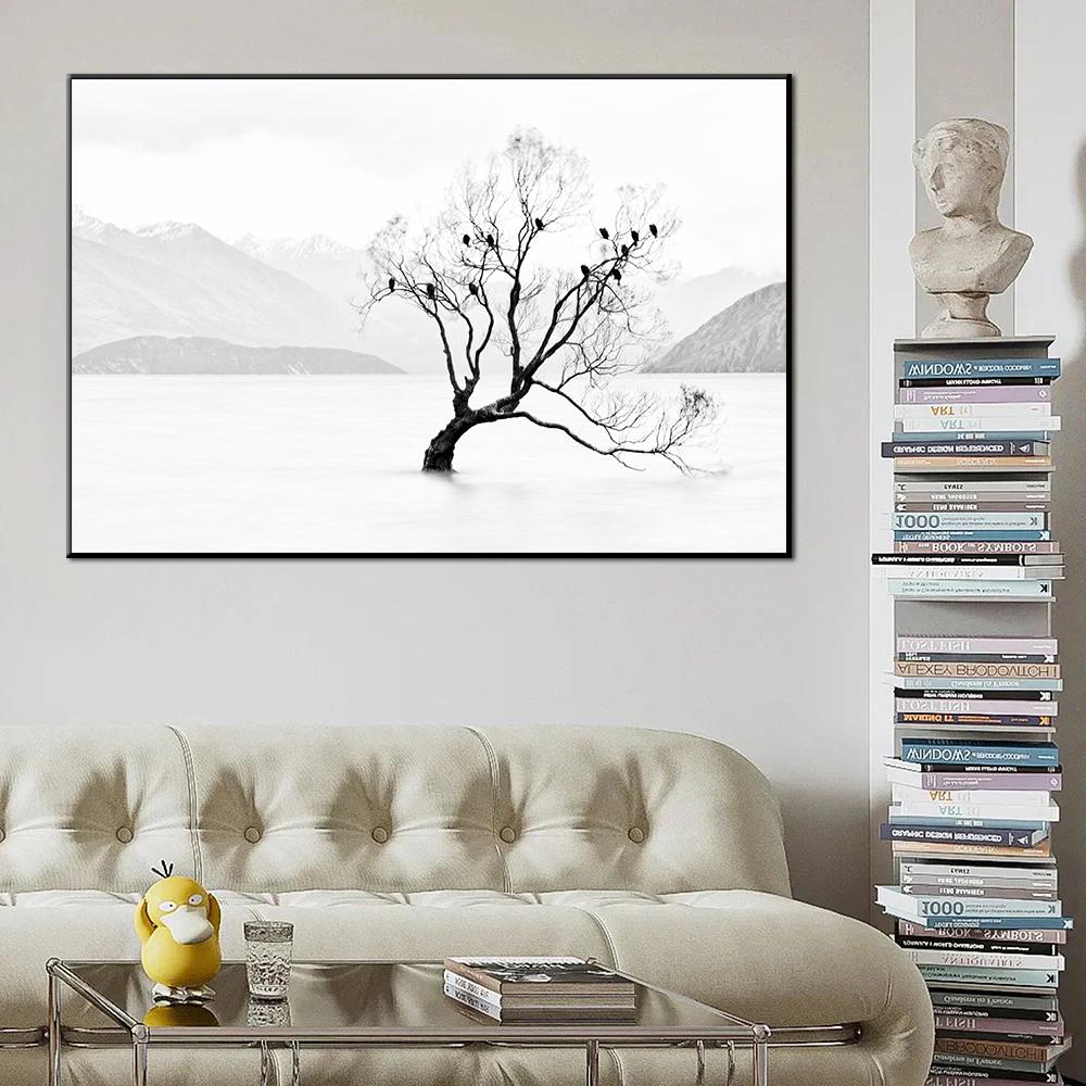 Minimalist Black White Modern Photo Wall Art Canvas Print Poster Winter Nature Sight Picture for Living Room Home Decor Cuadros