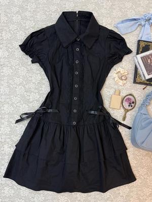 Aesthetic Gothic Vintage Skinny One Piece Dress Preppy Style Elegant Lace Blue Shirt Dress 90s Japanese Sweet Bow Short Dresses