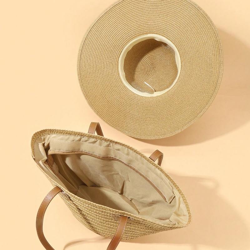 1 Conjunto Chapéu de Sol Estilo Boêmio Feminino + 1 Bolsa de Ombro, Estilo Férias, Chapéu de Palha de Ombro Bolsa Tote de Praia para Viagem de Verão Férias