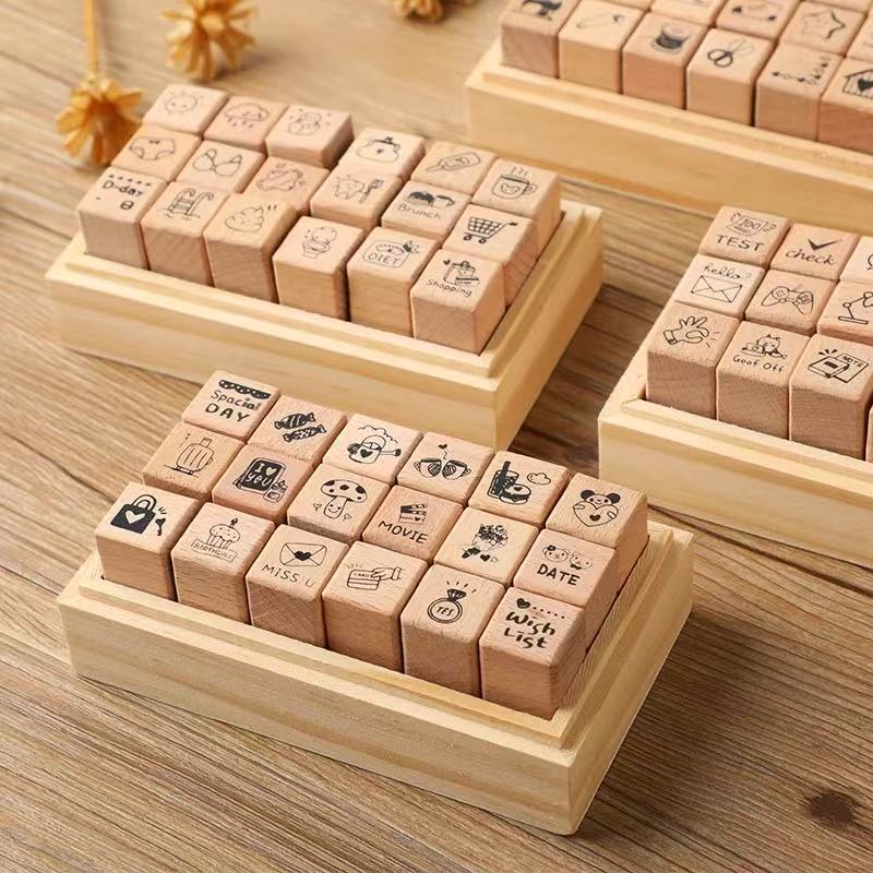 Daily Life 18 Beech Wood Seal Set Box Diy Diary Decoration Material Stamp Wooden Box Seal Kawai Stationery Lovely Gift Supplies