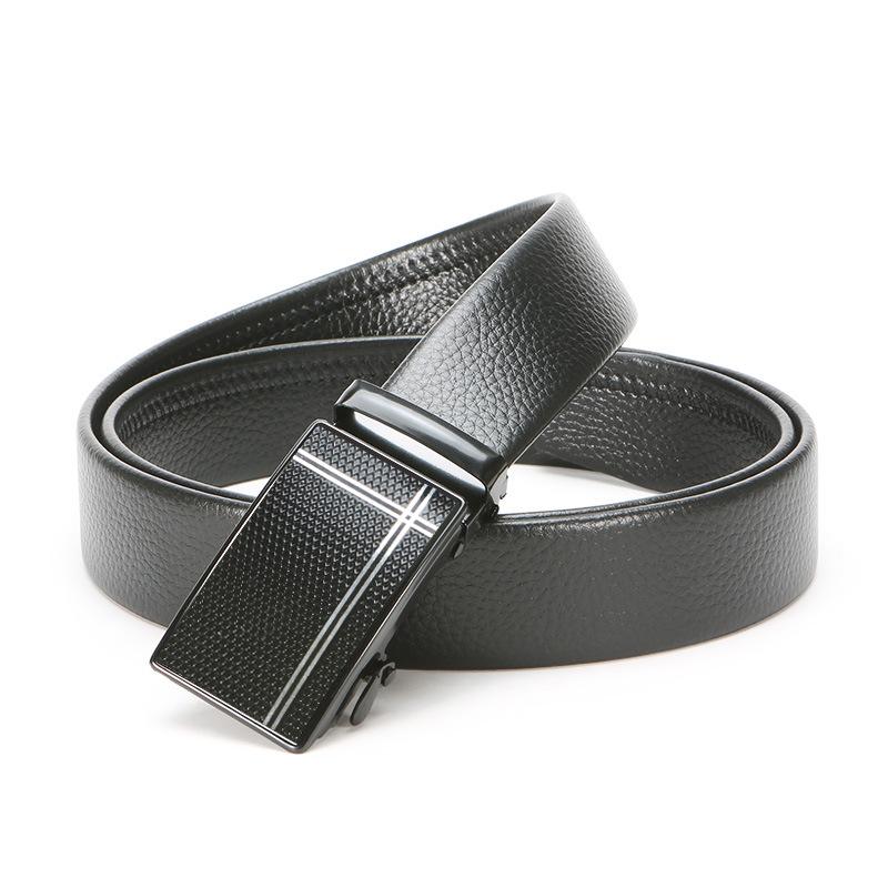 Men'S Automatic Buckle Iron Buckle Hemming Lychee Pattern Black Belt Middle-Aged And Young Business Belt