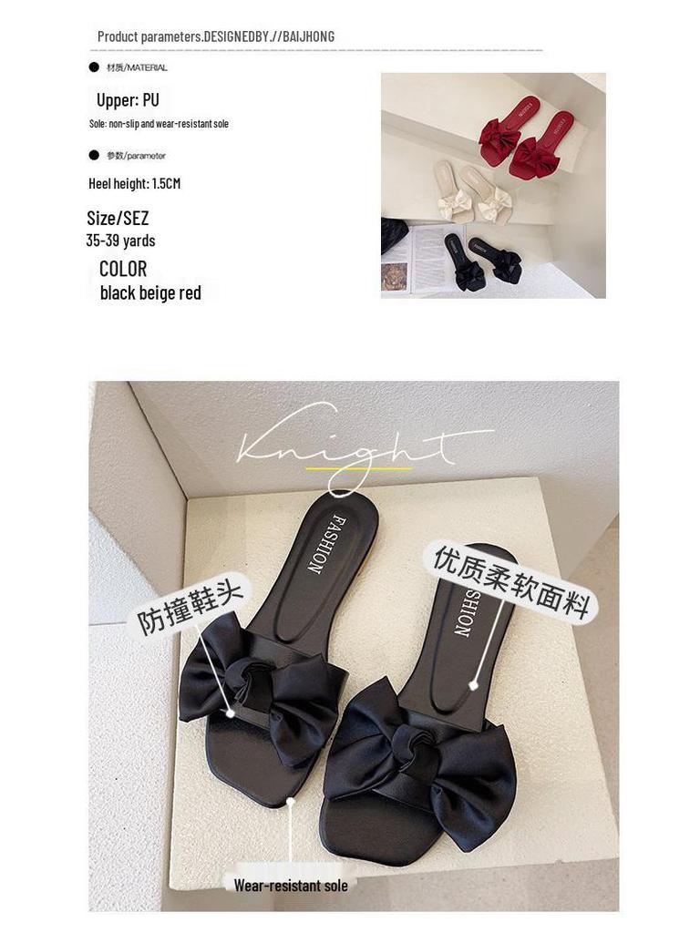 2025 Spring/Summer Women's Square Toe Open Toe Bowknot Slides