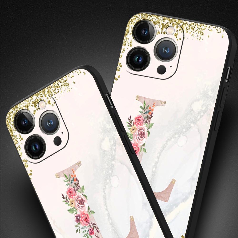 Flowers Letter Phone Case For iPhone 17 16 15 Pro Max 11 12 13 14 7 8 Plus SE 2020 X XR XS Cover Soft Black