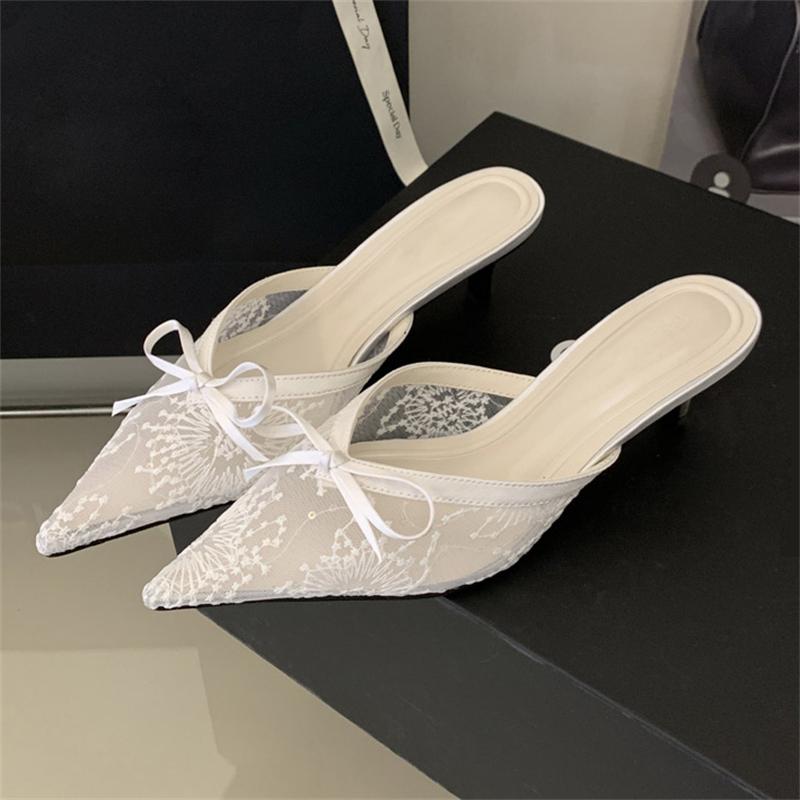 Eilyken Butterfly-knot Thin Low Heels Women Slippers Fashion Elegant Breathable Mesh Pointed Toe Mule Summer Shoes