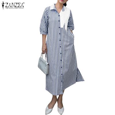 Women Casual Turn Down Collar Loose 3/4 Sleeve Stripe Dress