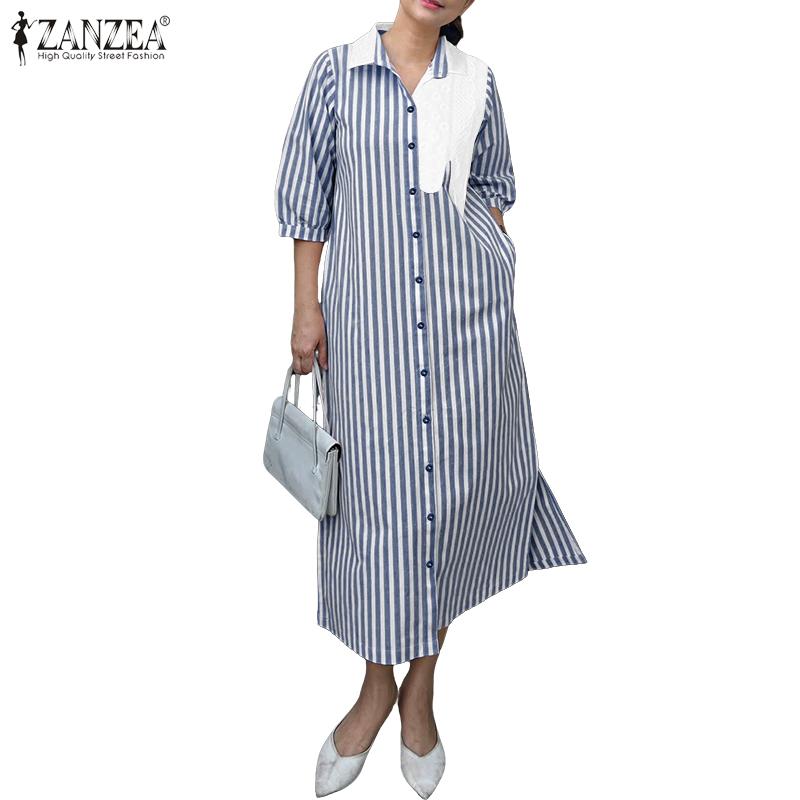 ZANZEA Women Casual Turn Down Collar Loose 3/4 Sleeve Stripe Dress