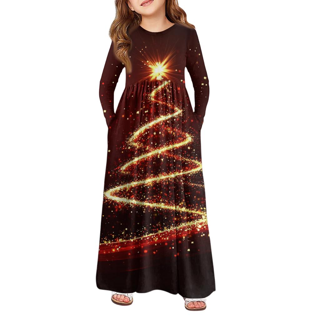 Девичье платье макси - Платье с длинным рукавом и карманом на Рождество