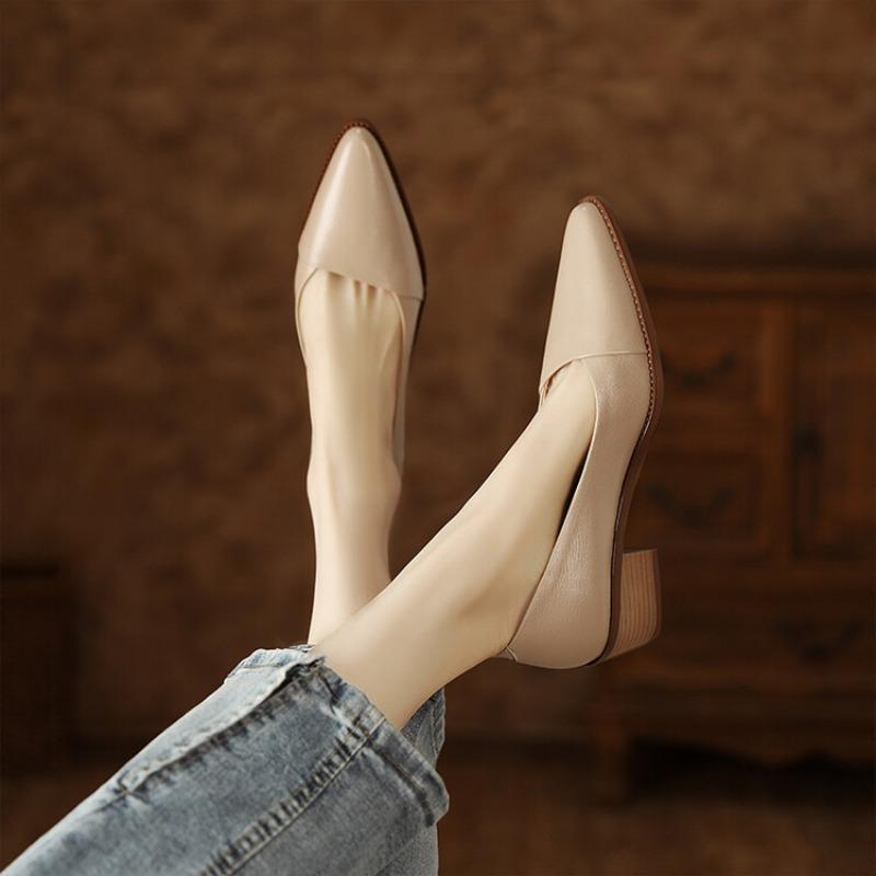 Fashion Women's Pumps Pointed Toe Shallow Mouth Leather Shoes Women's Elegant Fashion Solid Thick Middle Heels Dress Shoes for Women