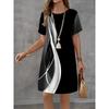 Women's Casual Dress Black and White Striped Gradient Color Blocking Pattern Dress Short Sleeve Round Neck Summer Loose A-Line Skirt