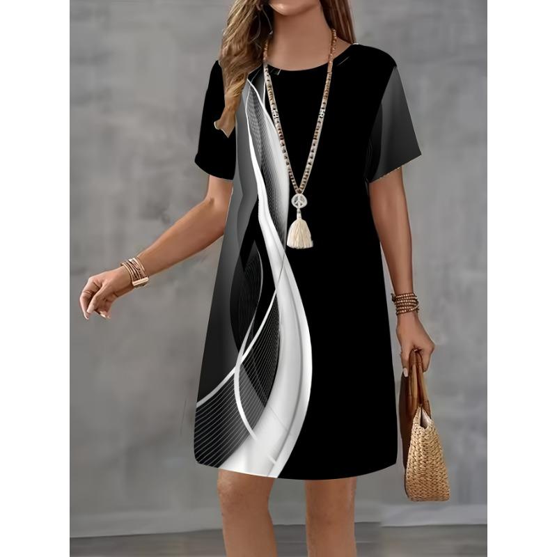 

Women s Casual Dress Black and White Striped Gradient Color Blocking Pattern Dress Short Sleeve Round Neck Summer Loose A-Line Skirt S