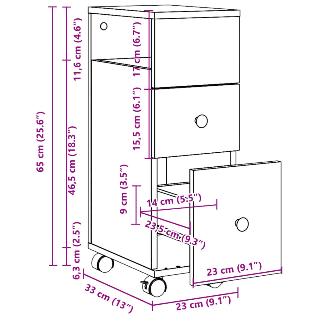 Schmaler Rollwagen für das Badezimmer, Schubladen-Aufbewahrungsmöbel, schmaler Beistellschrank für neben das Sofa, Größe 33x23x65 cm