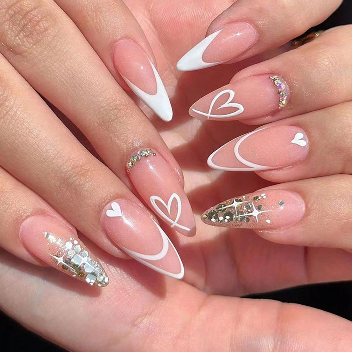 

French White Manicure with Diamonds: Heart Design Press-On Nail Tips