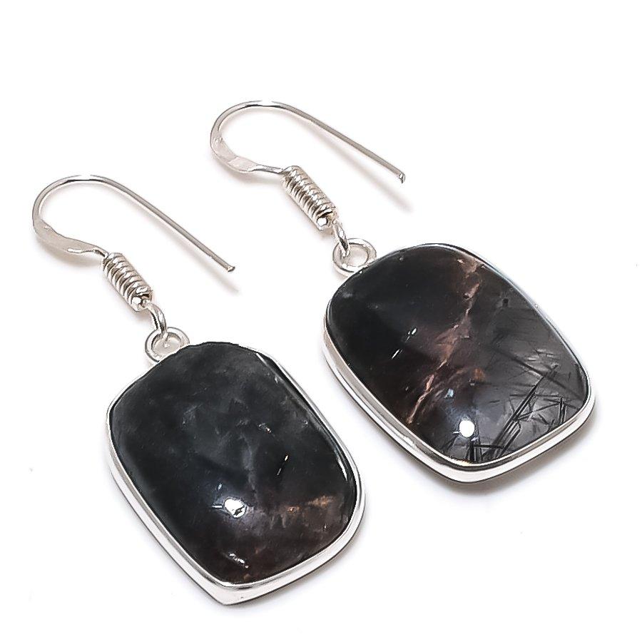 Natural Black Rutile Gemstone 925 Sterling Silver Jewelry Earring 1.62 AE-12396