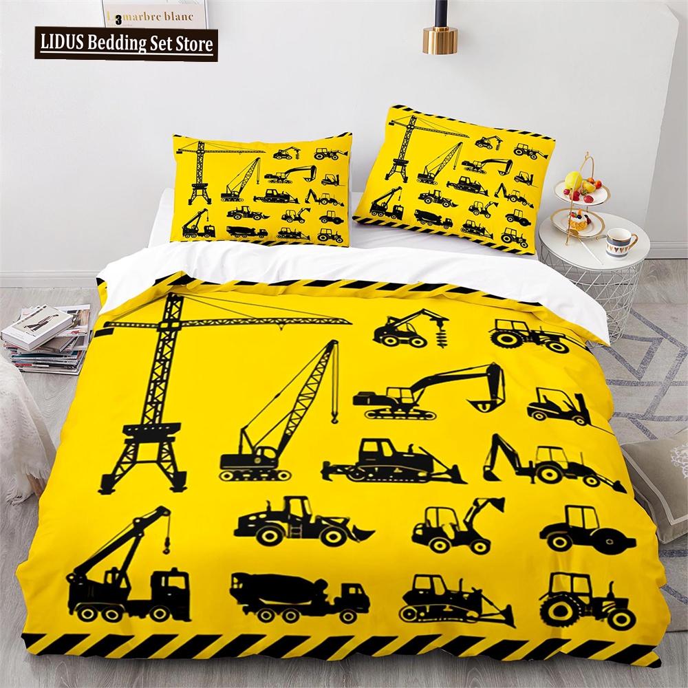 Digger Duvet Cover Set Cartoon Heavy Machinery Truck Crane Mixer Excavator Tractor Pattern For Kid Teen Polyester Bedding Set
