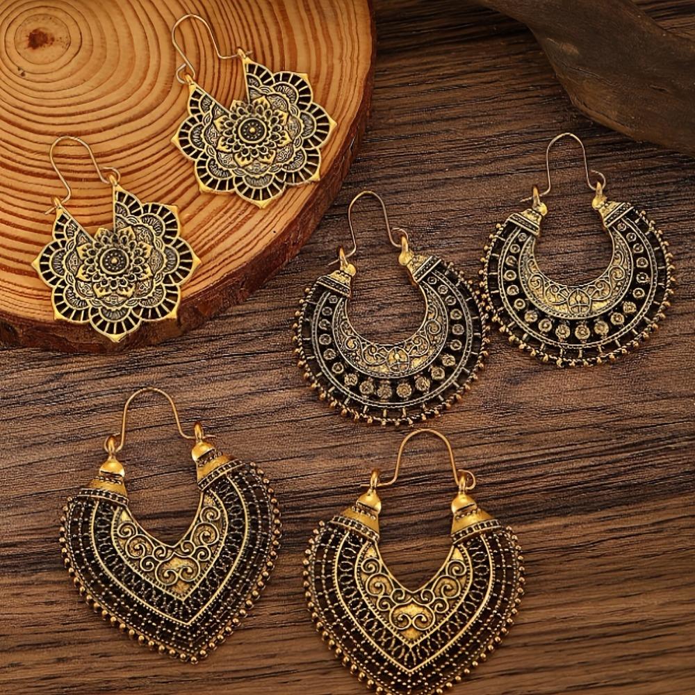 Vintage Boho Style Hollow Floral Hoop Earrings for Women Men Ethnic Unique Design Fashion Gold Color Dangle Earring Jewelry Gift