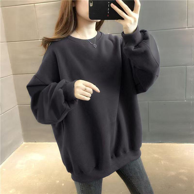 Spring Autumn New Style Loose Crew Neck Pullover Hoodie Women Oversize Unhooded Solid Color Fashion Versatile Base Shirt Top