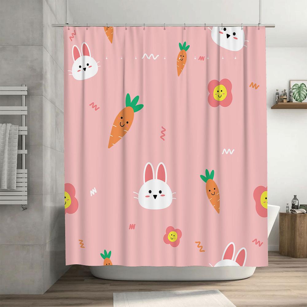 Cute Cartoon Print Shower Curtain Set Pink Rabbit Carrot Flower Bath Decor Home Accessories for Bathroom Tubs or Bathtubs (69x72