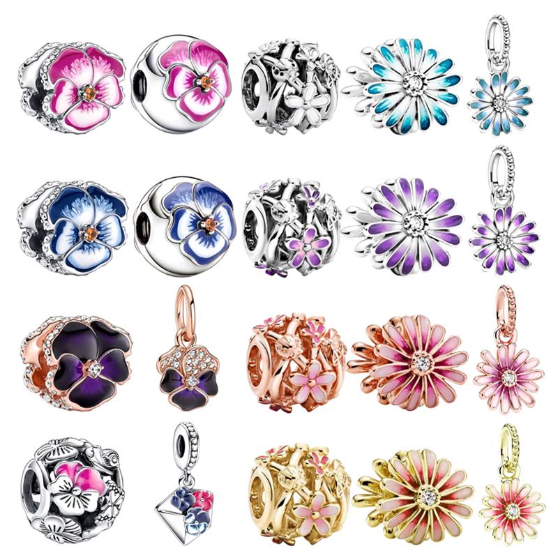 Pink Blue Purple Pansy Flower Charm Bead Accessories Gift fit European Original Silver Bracelet DIY Jewelry for Women