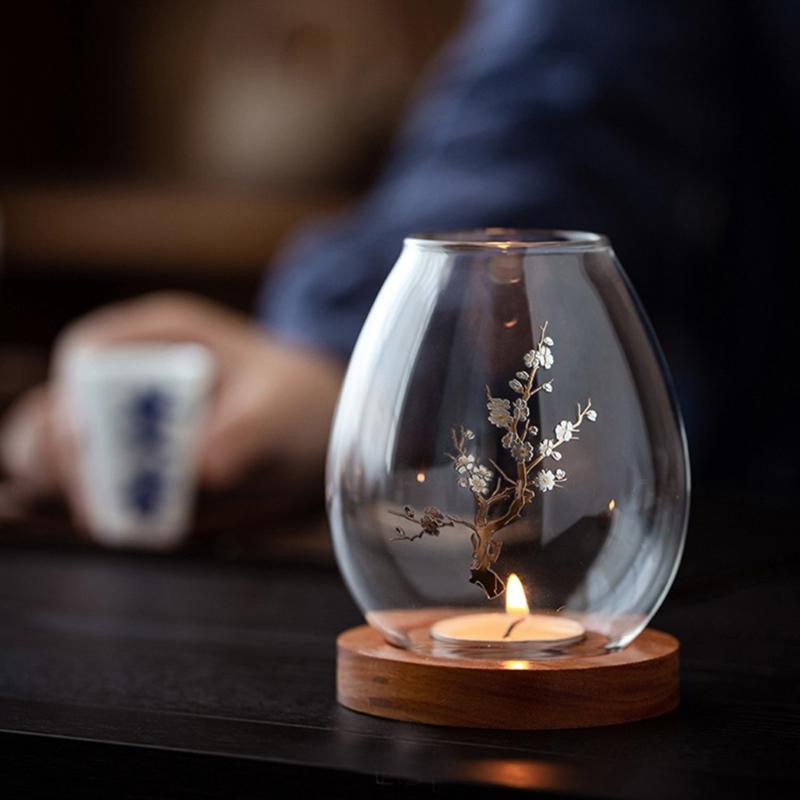 Windproof Candle Shade Cover Candle Shade Cover with Wood Base Home Decorations