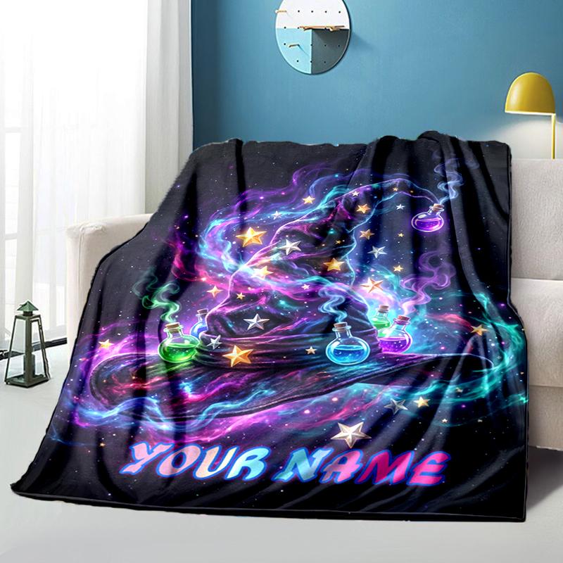 1PC Custom Name Magical Hat Dreamscape flannel blanket versatile,all-season throw suitable for the living room,bedroom,camping,travel,and gift