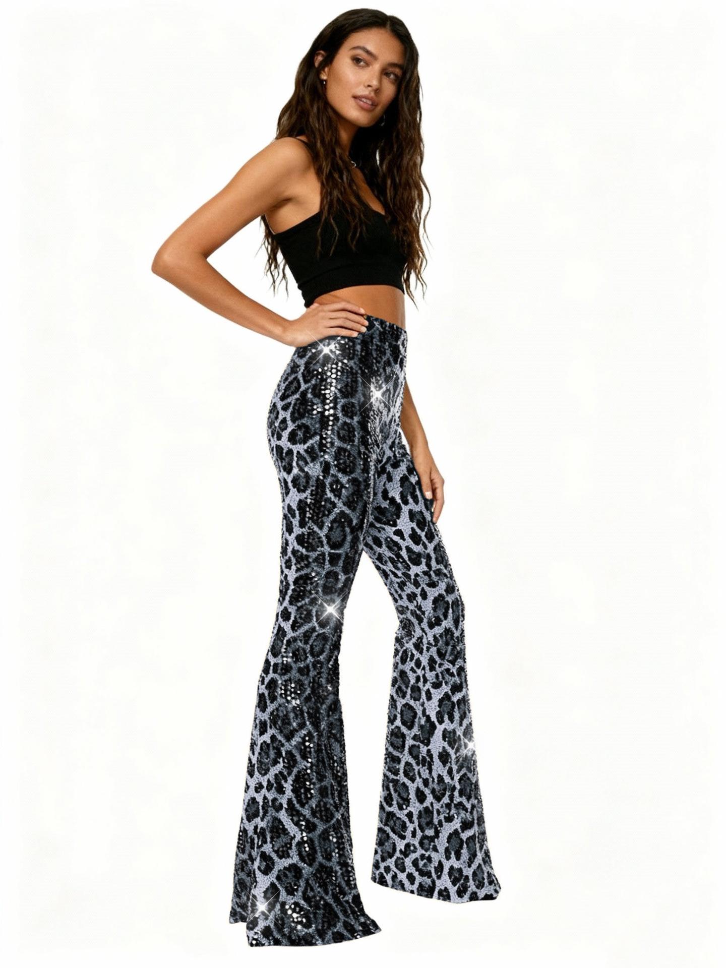 2024 European Leopard Print Sequin Flare Pants - Autumn/Winter Creative Street Style. S