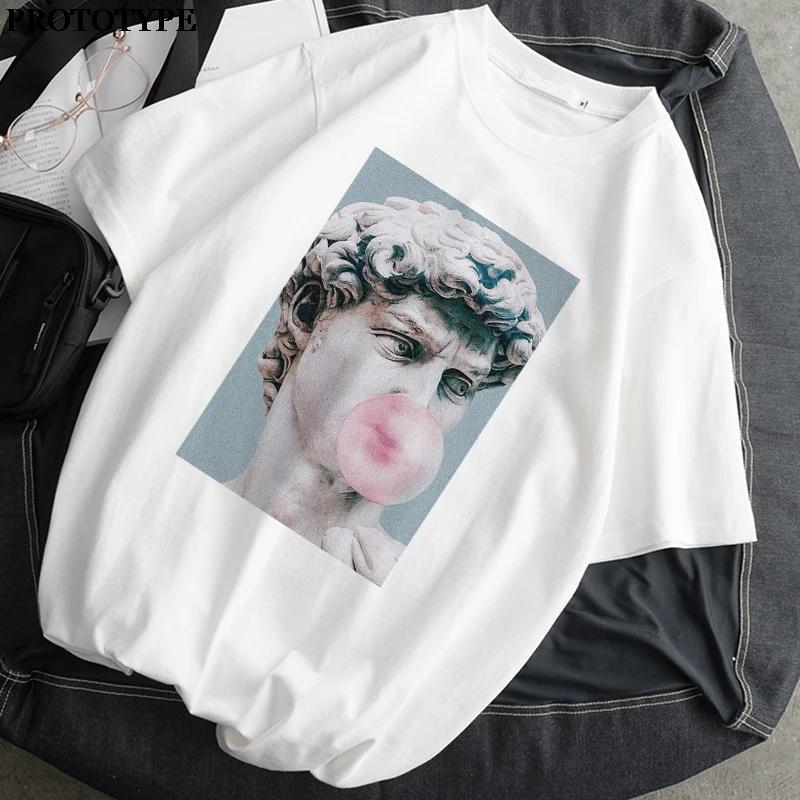 Spoof Mona Lisa Graphic Printed T-shirt Summer Women Casual Short Sleeve O-neck Streetwaer T Shirt Female Clothing White Tees