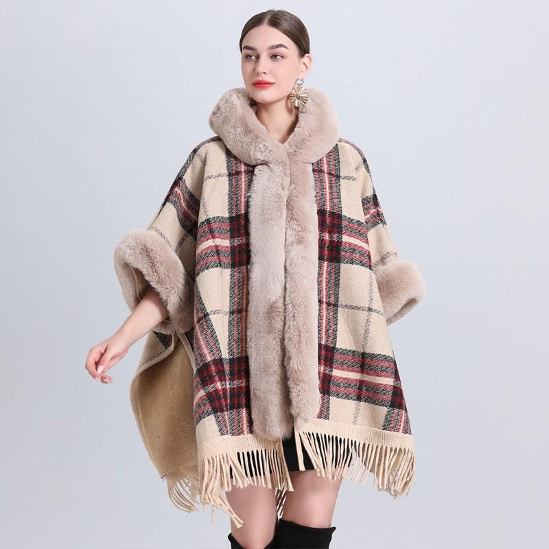 Womens Oversized Plaid Knit Cape Shawl With Fleece Lining Fur Trim Hooded Wrap Coat Winter