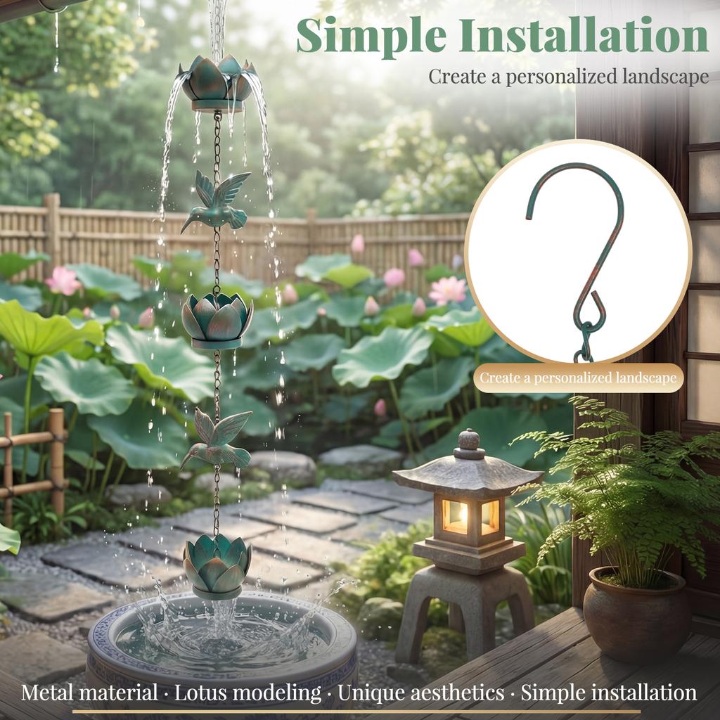 250cm Lotus Hummingbird Rain Chain Metal Outdoor Gutter Downspout Hanging Rain Catcher Diverter & Rainwater Garden Decoration