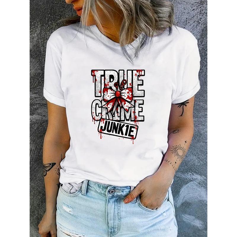 Women s Gothic True Crime Print T-Shirt Crime Scene Tape Lettering Casual Short Sleeve Top S белый