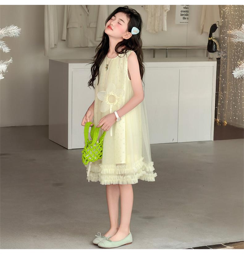 Girls' Summer Sweet Flower Dress Yarn Skirt 2026 New Mid To Large Girls' Princess Skirt Medium To Long Tank Top Skirt