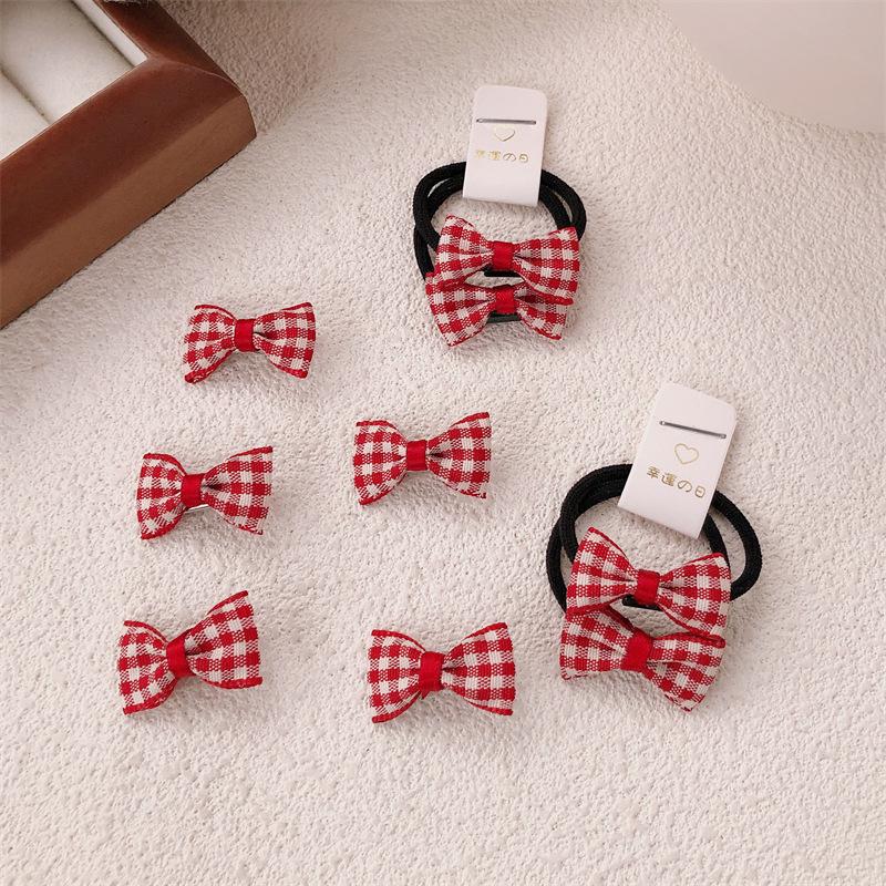Red Plaid Bow Hair Clip & Tie Set - Gentle on Hair, Cute Jewelry
