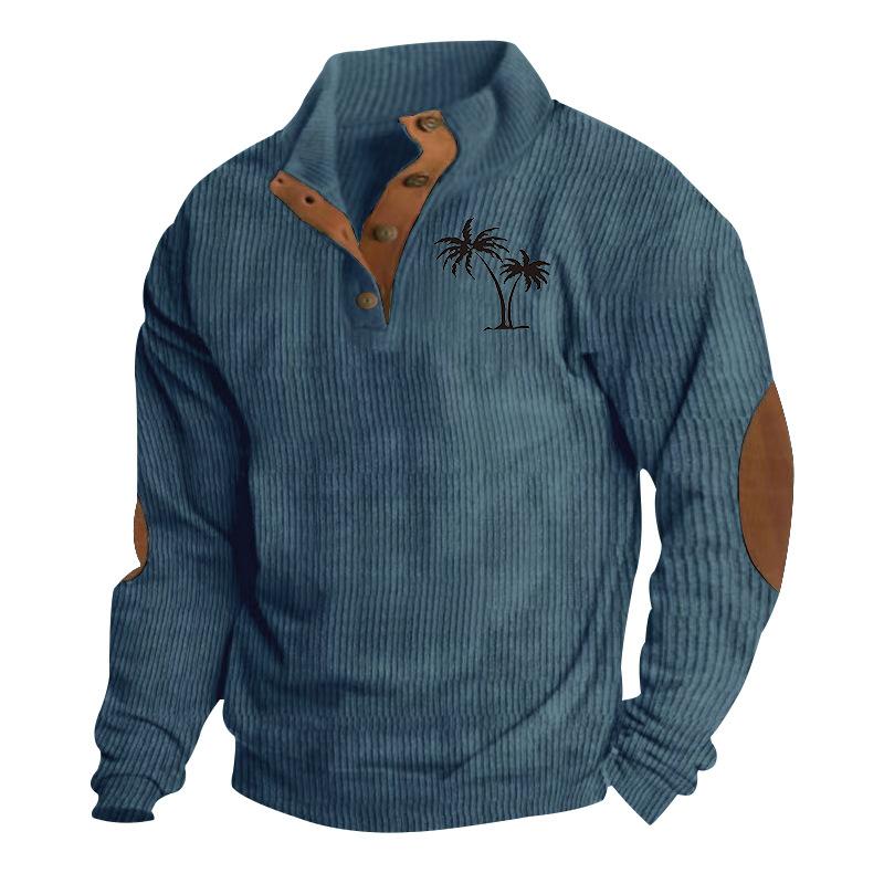 Autumn/Winter Men's Coconut Tree Print Casual Stand-Up Collar Long-Sleeved T-Shirt with Ribbed Corduroy Hoodie