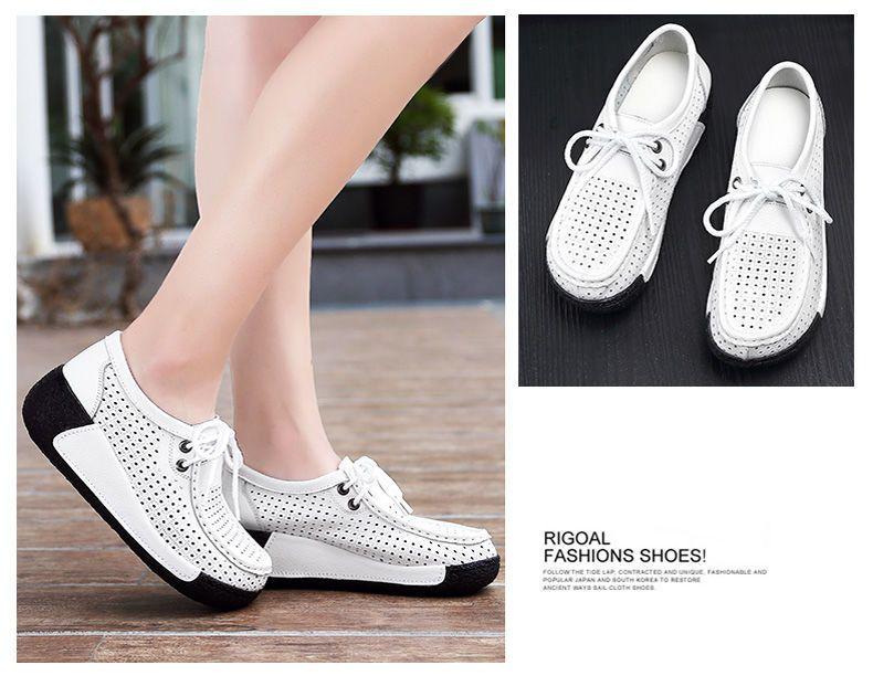 Women's White Leather Cut-Out Wedge Shoes - Thick Soft Sole, Casual Spring/Summer Platform Shoes.