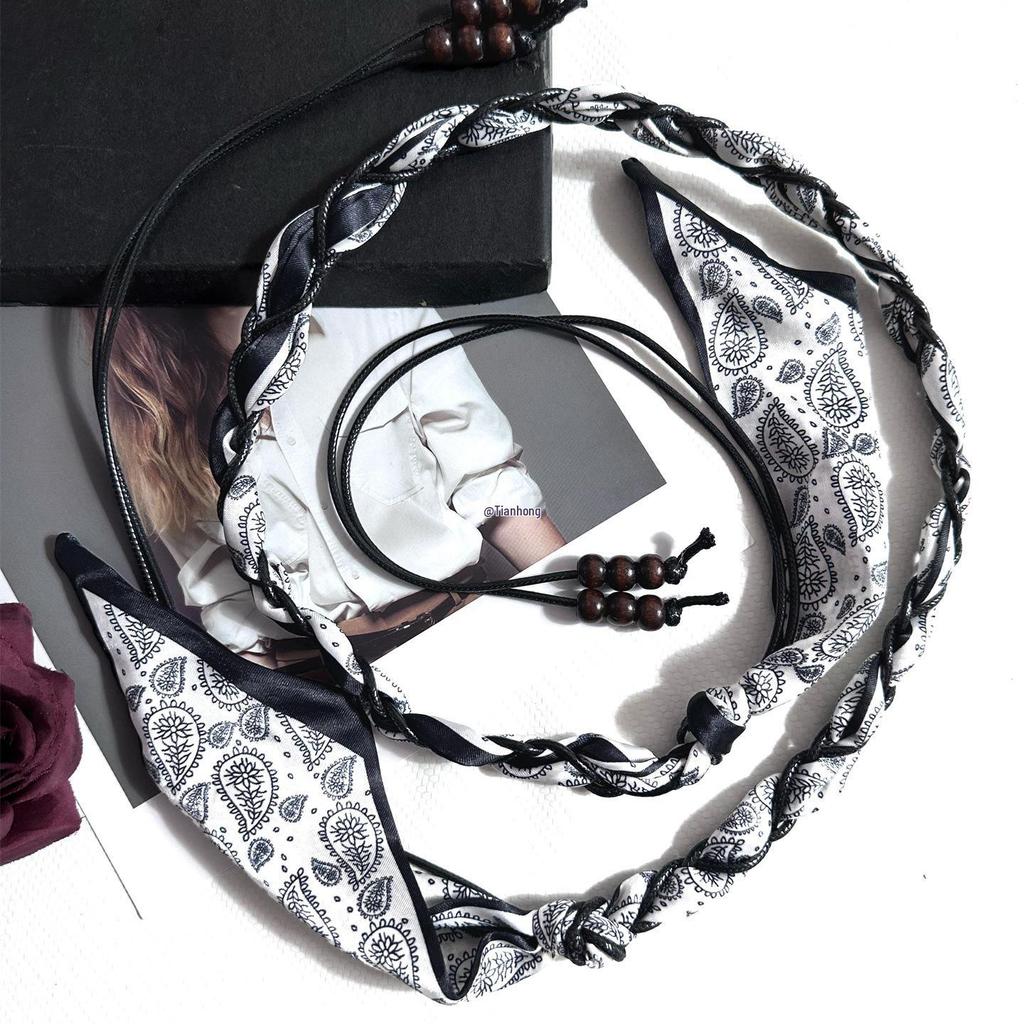 Bohemian Ethnic Silk Scarf Waist Belt for Women: Woven Ribbon, Leather Accent, Perfect with Jeans and Skirts