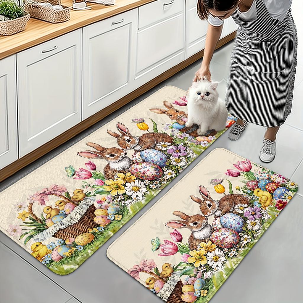 1 Stück Anti-Ermüdungs-Küchenteppiche, Osterhase-Ei-Druck Wasserdicht Rutschfest Dick Gepolsterte Küchenmatte Schwerlast-Komfort-Stehmatte für Küche