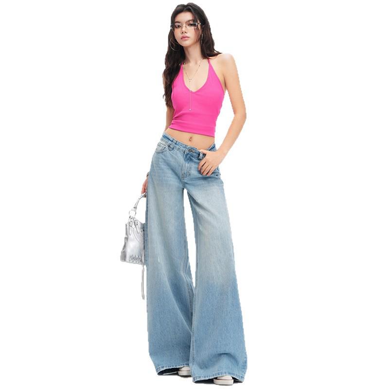 Women's American Retro Light Wash Mid-Rise Ripped Wide Leg Floor-Length Jeans