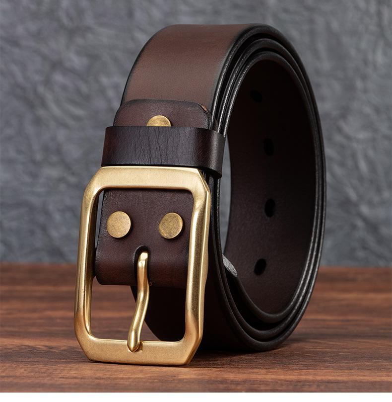 Belt Men's Leather Pin Buckle Pure Cowhide Copper Buckle Vintage Distressed Workwear Belt Soft and Durable Pure Cowhide Trouser Belt