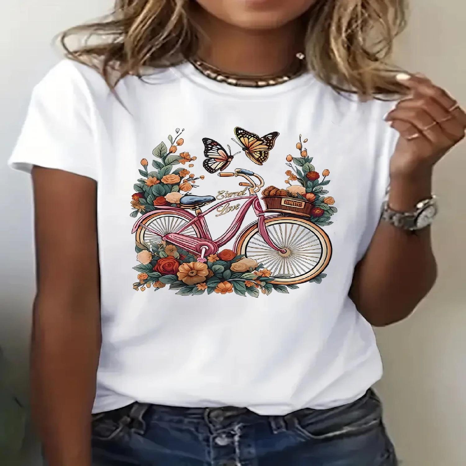 Women s Floral Butterfly Bicycle T-Shirt Graphic Print Design Round Neck Tee Spring Summer T Shirt Graphic T Shirts Y2K Top S