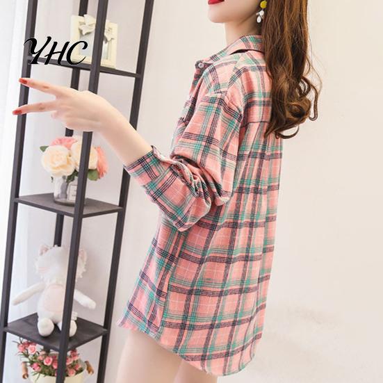 Ladies Blouse Turn Down Collar Long Sleeve Single-breasted Patch Pocket Loose Shirt Top Classic Plaid Print Casual Female Clothing