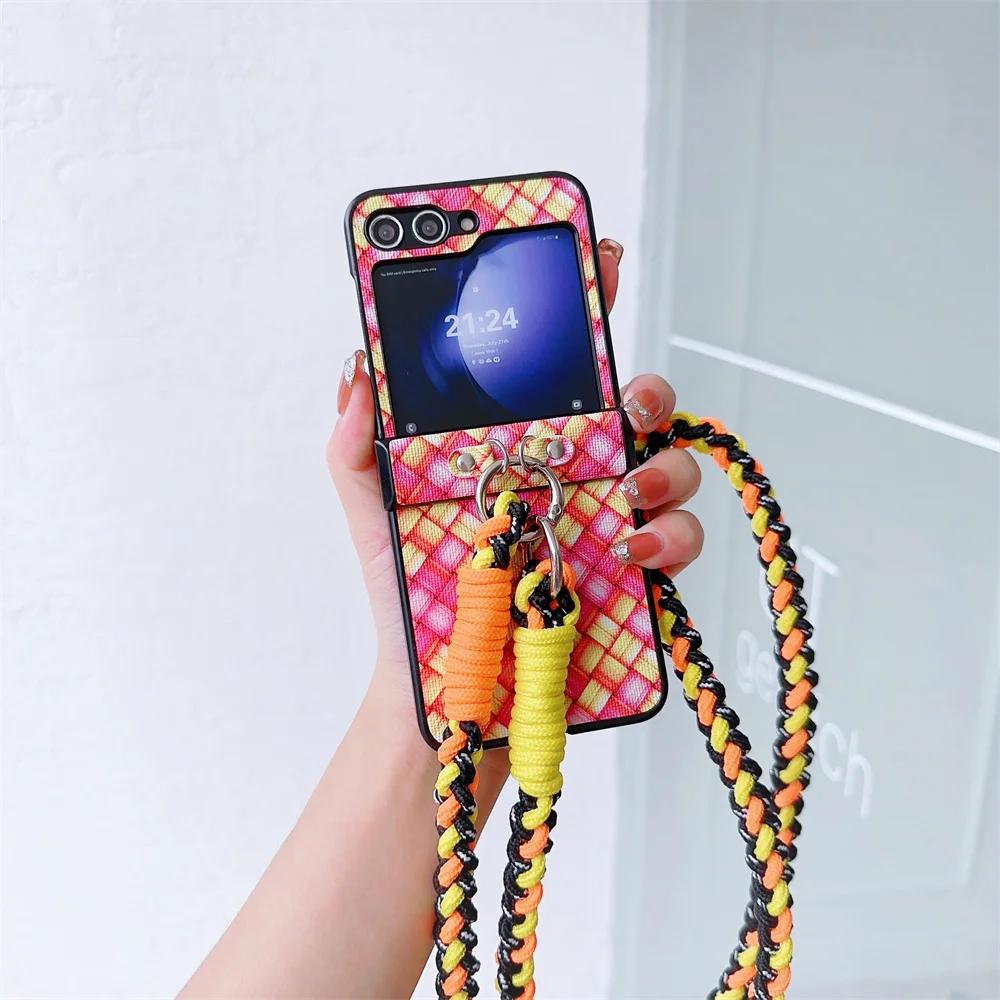 Crossbody Lanyard Colorful Woven Phone Case for Samsung Galaxy Z Flip 6 5 4 3 Flip5 Flip4 Flip3 5G Protective Shockproof Cover