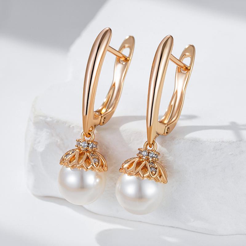 Rose Gold Color Pearl Long Drop Earrings For Women Unique Natural Zircon Accessories Metal Flower Wedding Jewelry