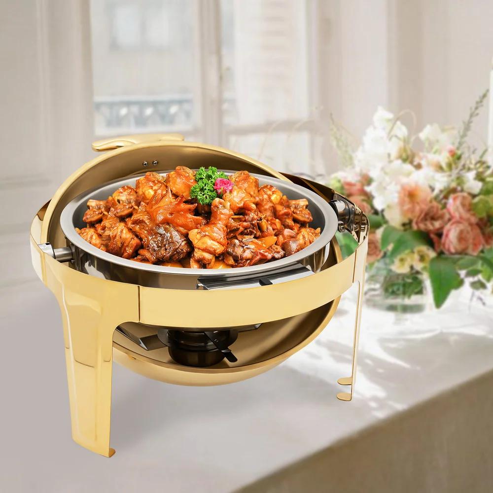 Bymaocar Round Tabletop Chafing Dish Roll Top Stainless Steel 90°/180° Opening Buffet Warmers with Visible Lid & Thickened Feet