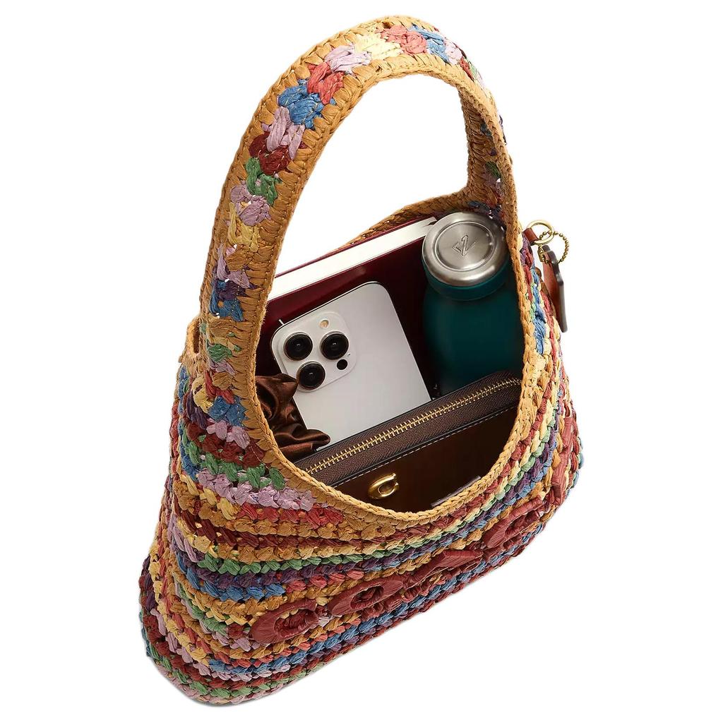 Coach Brooklyn 28 Gewebtes Design Magnetverschluss Stroh Und Kalbsleder Hobo Tasche Damen Hobo Tasche Mehrfarbig CDZ39-B4L38