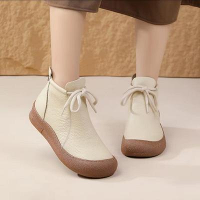 Autumn and Winter Women's Soft Leather Giant Comfortable Velvet Short Boots Versatile Flat-soled Martin Boots Round Head Retro Women's Shoes Fl