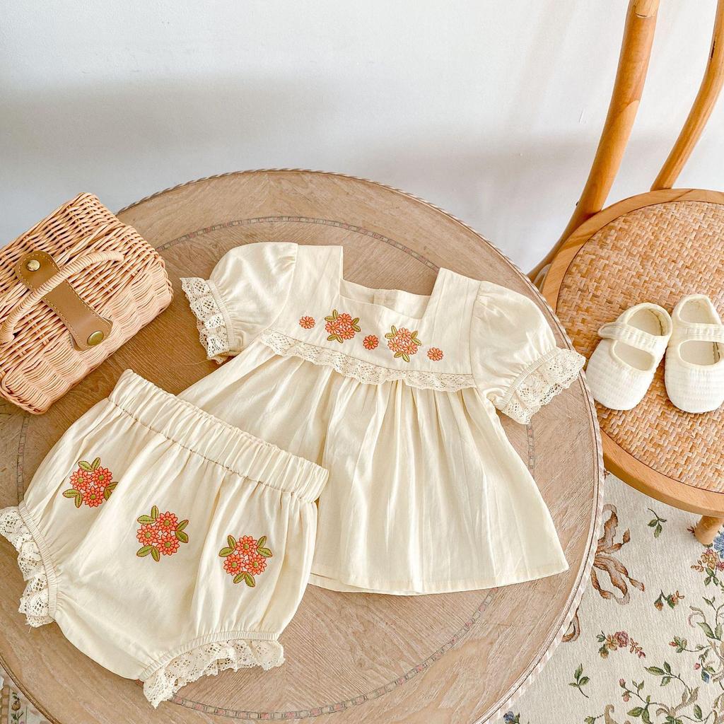 2024 Summer Baby Girl Floral Embroidered Top & Shorts Set
