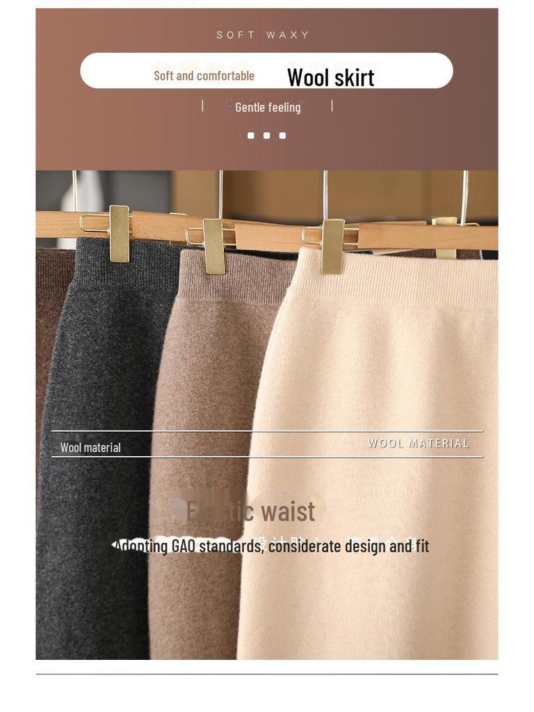 Autumn & Winter 100% Pure Wool High Waist Knit Pencil Skirt for Women