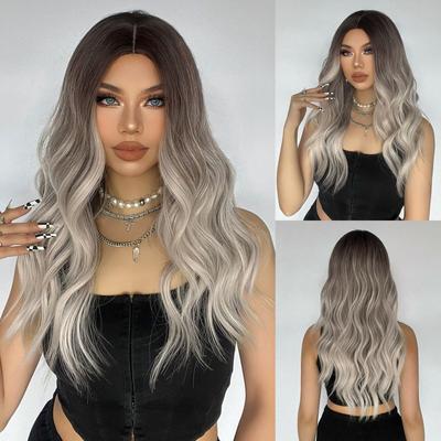 EASIHAIR Platinblonde Ombre-Synthetik-Perücken, lange wasserwellige Naturhaar-Perücke mit Pony, für Frauen, Cosplay, hitzebeständige Perücken