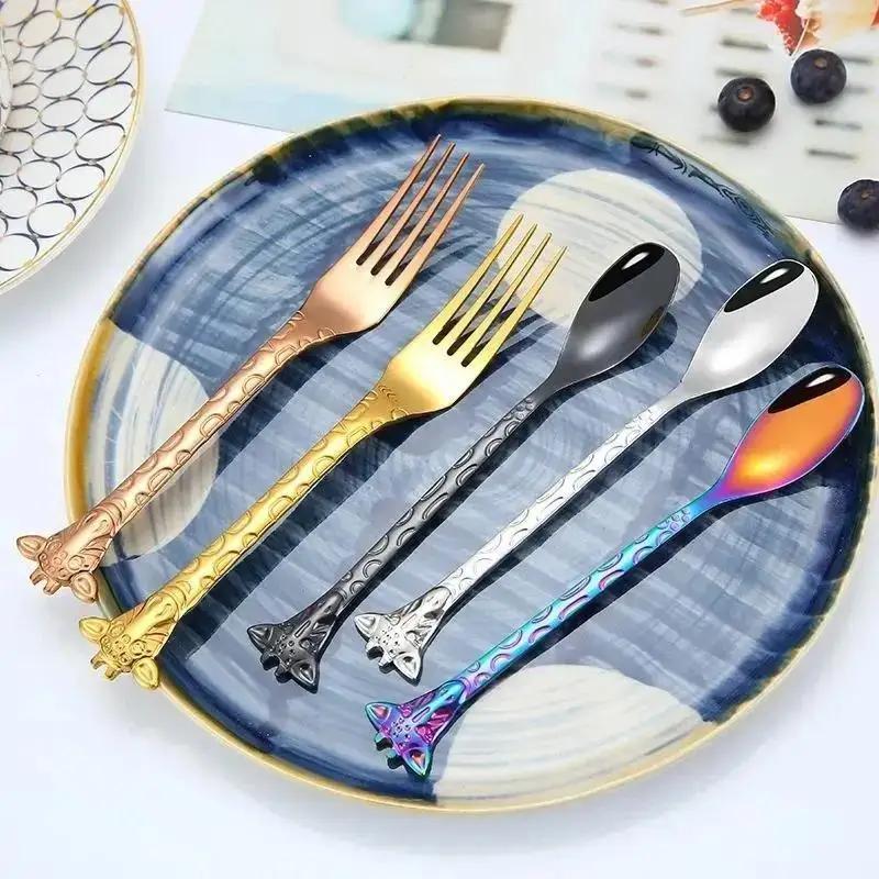 1PC Stainless Steel Coffee Spoon Cartoon Giraffe Shaped Spoon Animal Cake Dessert Fork Spoon Coffee Spoon